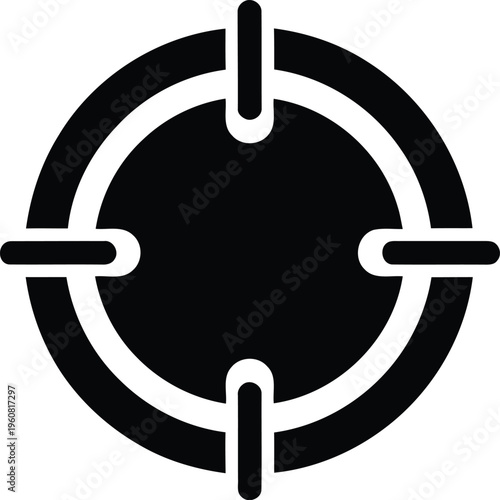 A black and white target or bullseye symbol with a circular design and crosshairs