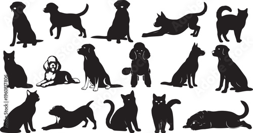 Black silhouettes of dogs and cats on white background