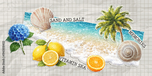 Modern sea collage with sea wave, sky, doodles and adhesive tape on notebook sheet. Trendy vector paper cutout summer elements with stipple effect.