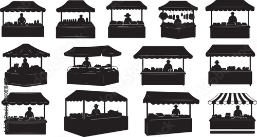 Silhouettes of people at outdoor market stalls and canopies