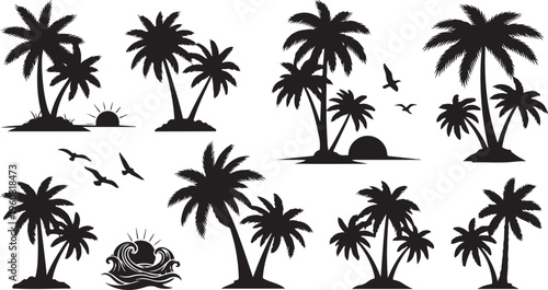 Black Silhouettes of Palm Trees and Tropical Island Scenes