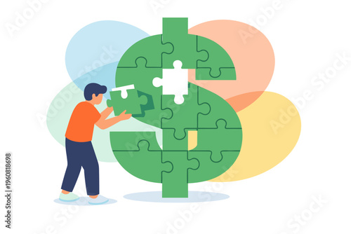 Man assembling dollar sign puzzle representing financial success.