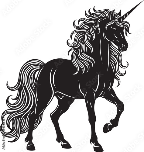Majestic black unicorn with flowing mane and tail illustration