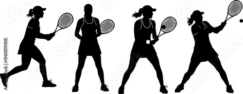 Tennis player silhouettes set, female athlete action poses, racket swing serve, sports training concept, dynamic motion, black isolated illustration