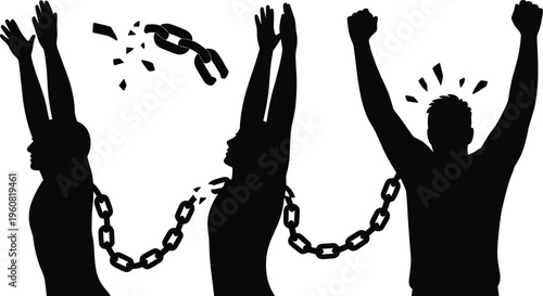 Silhouette of breaking chains person celebrating freedom, empowerment liberation human rights concept