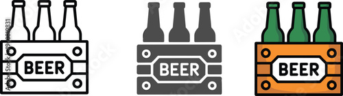 Beer Bottle Crate Vector Icon Set Featuring Wooden Case with Bottles in Outline Silhouette and Flat Color Styles for Brewery Branding