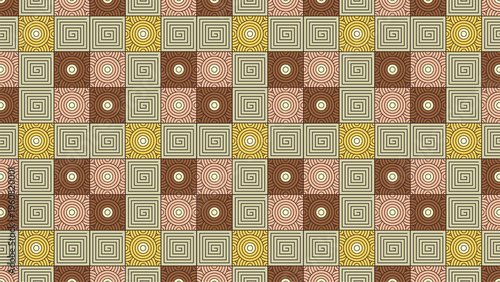 Seamless Geometric Pattern Background with Square Spirals and Concentric Circles