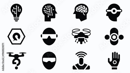 Futuristic technology icons showcasing innovative concepts and digital ideas on a sleek grid layout