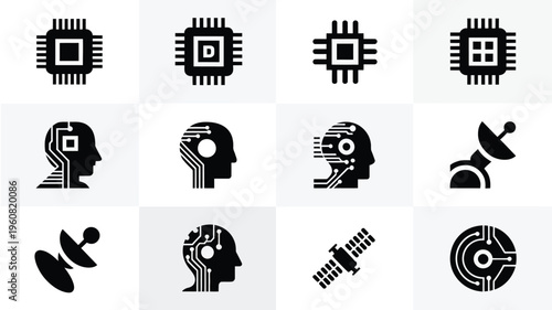Collection of sleek technology icons featuring circuit boards microchips and robotic heads on a clean white background