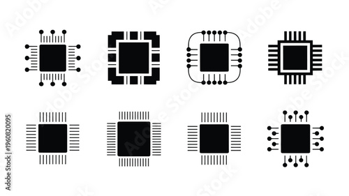 Collection of futuristic microchip and circuit board icons in black silhouette on white background for technology and innovation concepts