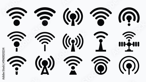 Minimalist wi fi network and internet connectivity icons set on transparent background for digital design