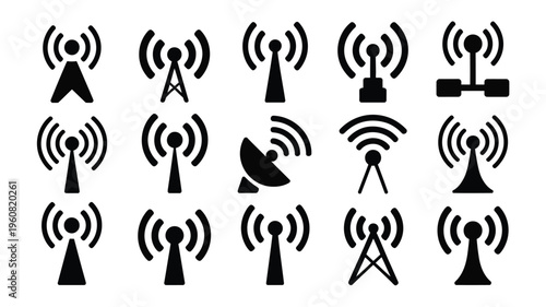 Collection of 12 minimalist data network and communication icons featuring various antenna and signal tower symbols on a white background