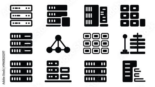 Collection of black and white data network and server icons on a plain white background