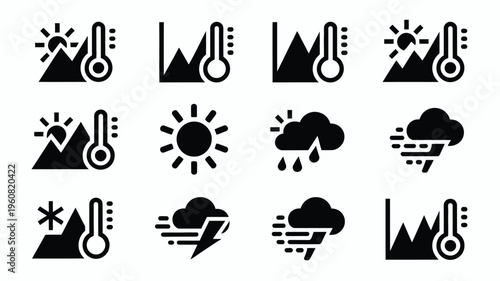 Weather icons set with temperature and climate symbols including sun cloud rain snow and storm graphics for forecasting and climate studies