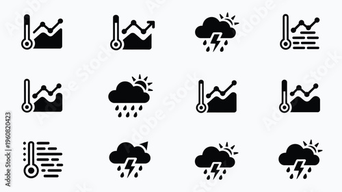 Minimalist weather icons collection with thermometer and cloud symbols on white background