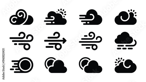 Minimalist weather icons collection black silhouettes on white background representing various climate conditions