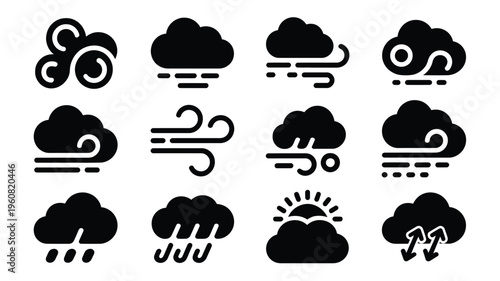 Minimalist weather icons collection with clouds rain wind and sun symbols on white background