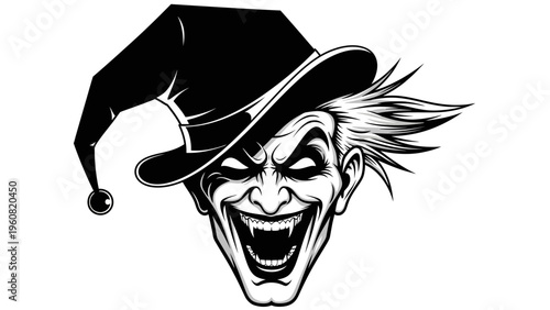 Scary Joker Face with Hat, Evil Grin, Sharp Teeth, Menacing Eyes, Horror Character