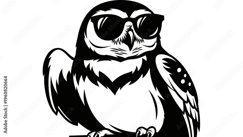 Obraz premium Cool Owl Wearing Sunglasses, Black and White Vector Illustration