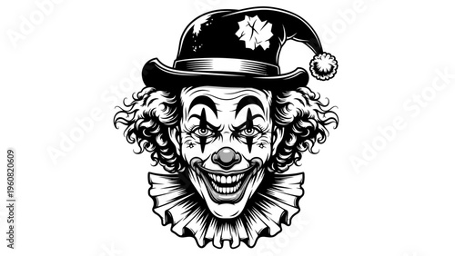 Scary Clown Face Black and White Illustration