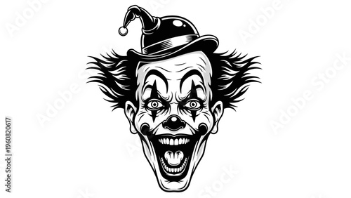 Scary Clown Face Black and White Illustration - Horror Character with Wild Hair and Grinning Mouth
