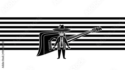 Skeleton Musician with Guitar and Stripes Background