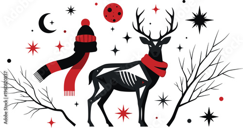 Stylized deer with scarf in winter night flat vector illustration festive woodland animal with moon stars branches and seasonal design elements