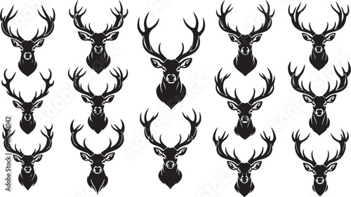 Set of black deer head silhouettes with antlers isolated