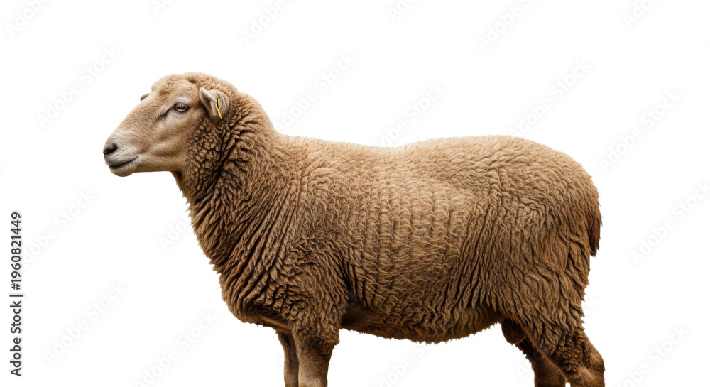 Obraz premium A brown sheep standing on an isolated transparent background looking to the left with a detailed woolly coat