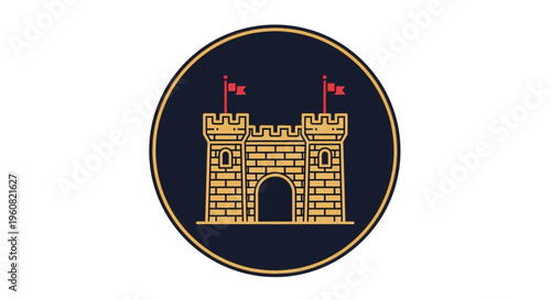 A golden castle icon on a dark background.