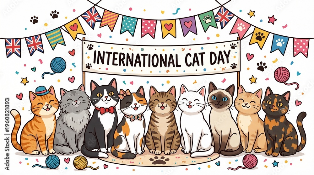 Fototapeta premium A multiple cats in the style around text that reads happy international cat day