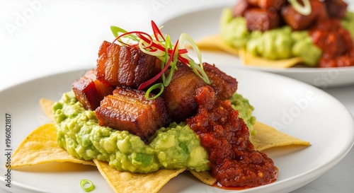 Crispy Pork Belly Tacos with Guacamole and Salsa, a Savory Mexican Appetizer