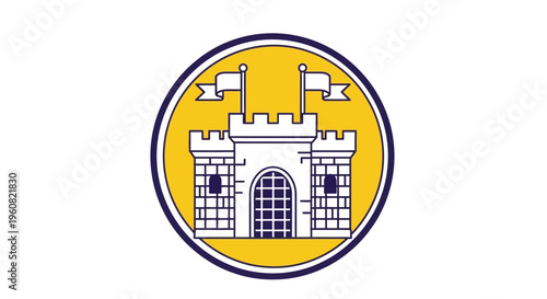 A white castle with flags on a yellow background.