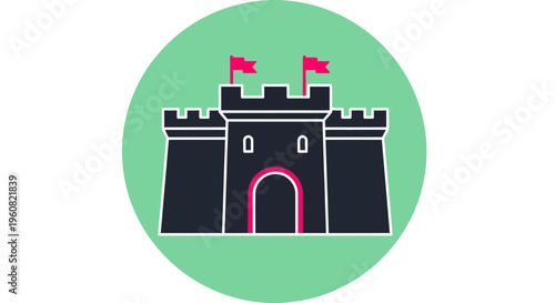 A cartoon castle with flags on top.