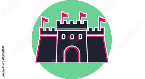 A cartoon castle with flags on top.