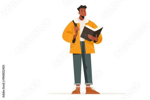 Young african male teen holding book and pencil in casual attire