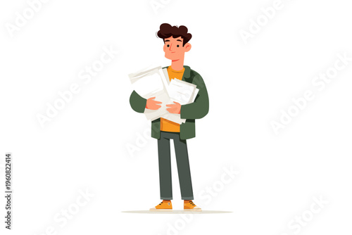 Young caucasian male holding stack of papers in casual outfit illustration