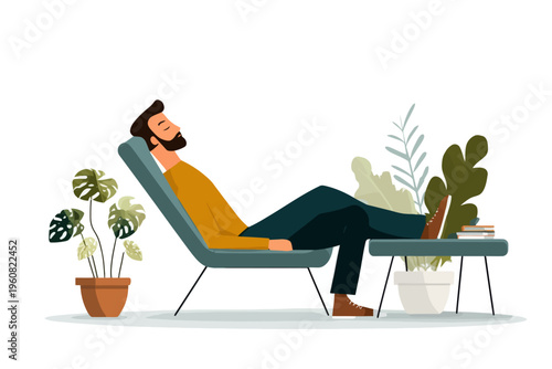 Young caucasian male relaxing in chair with plants and books