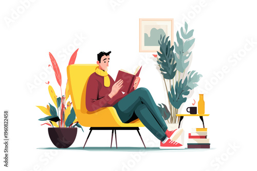 Young caucasian male relaxing in chair reading book with indoor plants