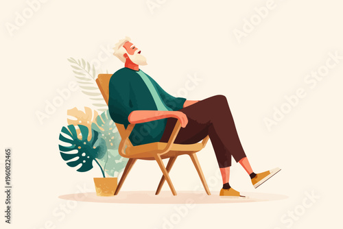 Caucasian elderly male relaxing in chair with tropical plants