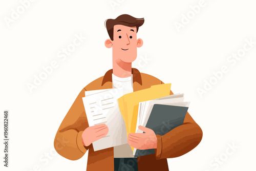 Young caucasian male cartoon holding documents and folders with a smile