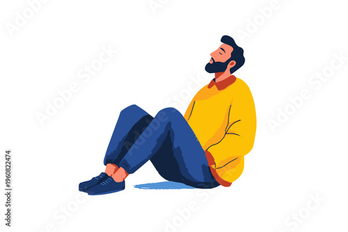 Illustration of a young caucasian male in relaxed pose with blue jeans and yellow sweater