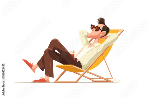 Male cartoon character relaxing on a beach chair in sunglasses