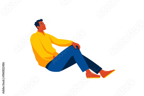 Asian young adult male sitting in casual clothing on white background