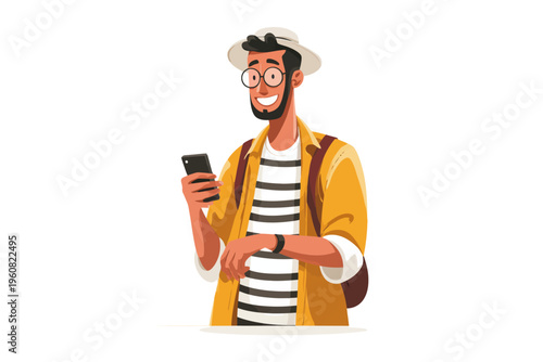 Young male character using smartphone with a cheerful expression