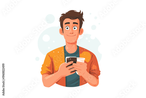 Young caucasian male holding smartphone and coffee cup illustration