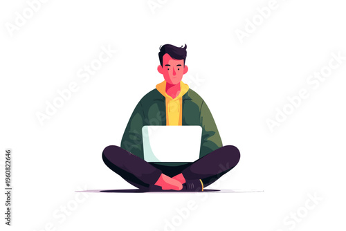 Young asian male sitting cross-legged with laptop in casual attire