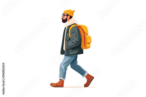 Young caucasian male with backpack and beanie walking in casual winter attire