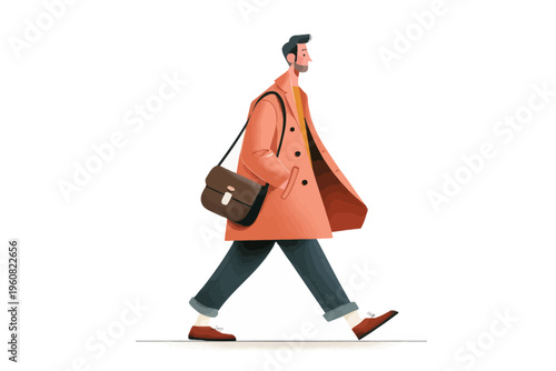 Young caucasian male in stylish coat walking confidently with shoulder bag