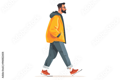 Young caucasian male walking in casual streetwear with yellow jacket and jeans